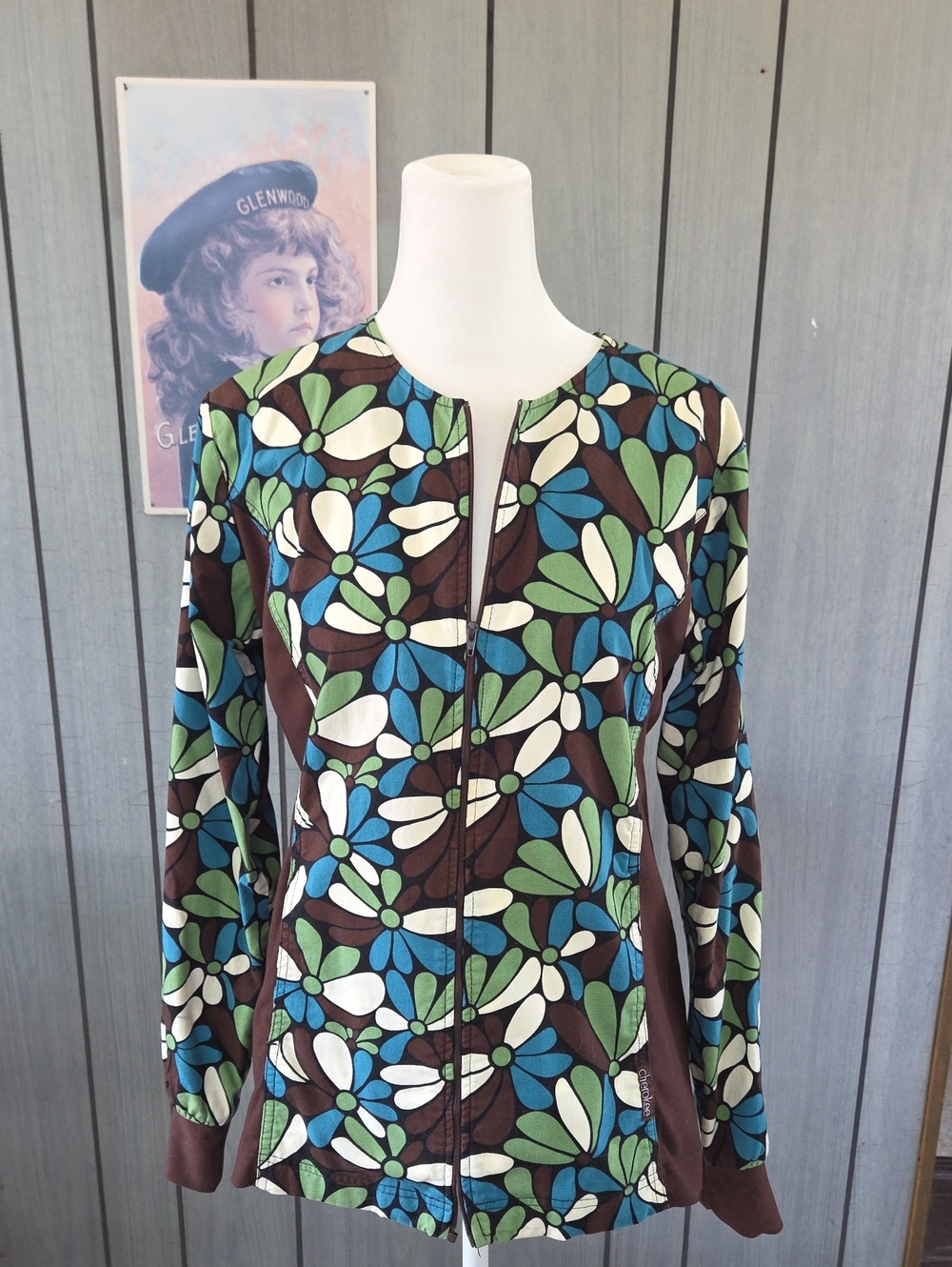 Cherokee Women's Floral Zip-Front Scrub Jacket in Brown, Blue & Green